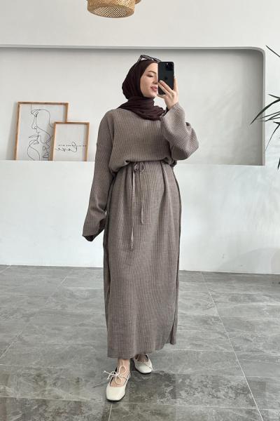 Bağcıklı Triko Elbise Vizon