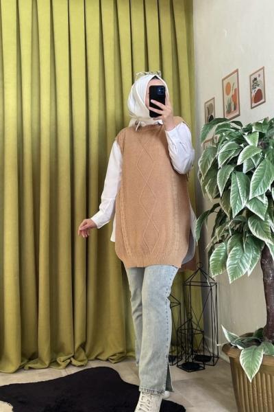 Bağcıklı Süveter Gömlek Camel