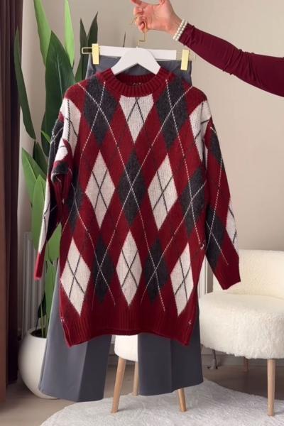 Baklava Desen Kazak Palazzo Kombin Çoklu Renk