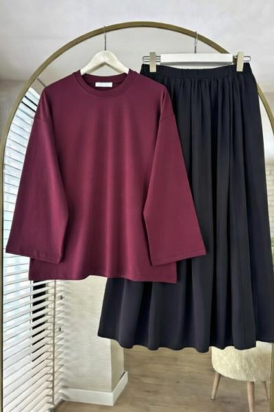Basic Body Bordo Terikoton Etek Siyah