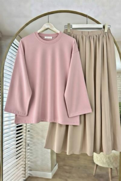 Basic Body Pembe Terikoton Etek Krem
