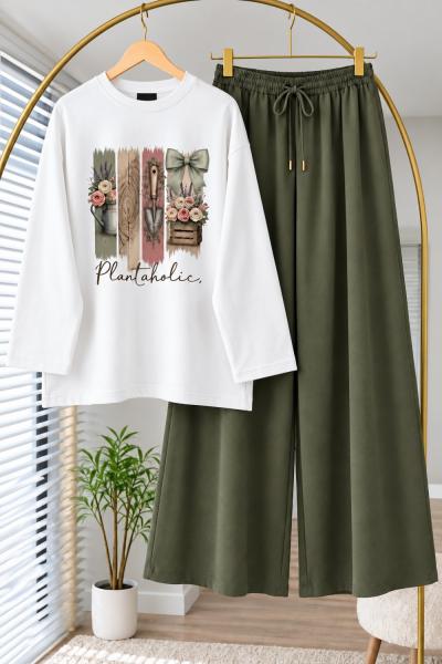 Baskılı Body Pantolon Kombin  Yeşil
