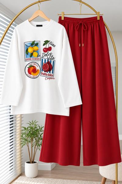 Baskılı Body Pantolon Kombin  Kırmızı