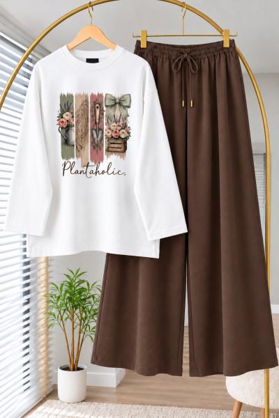 Baskılı Body Pantolon Kombin  Kahverengi