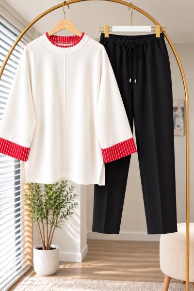 Çizgi Detaylı Oysho Sweat Dar Paça Pantolon Takım Beyaz