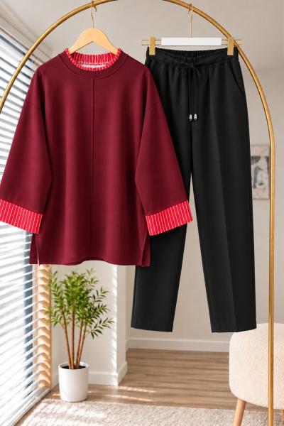 Çizgi Detaylı Oysho Sweat Dar Paça Pantolon Takım Bordo
