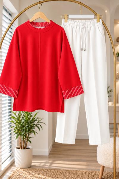 Çizgi Detaylı Oysho Sweat Dar Paça Pantolon Takım Kırmızı