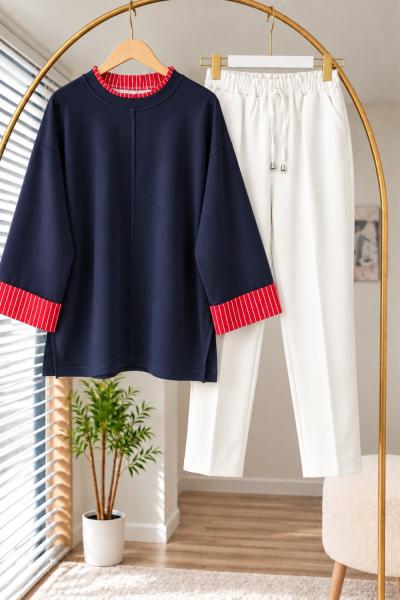 Çizgi Detaylı Oysho Sweat Dar Paça Pantolon Takım Lacivert