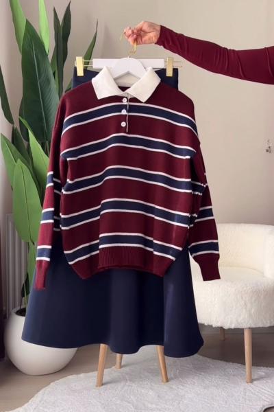 Çizgili Kazak Etek Kombin Çoklu Renk