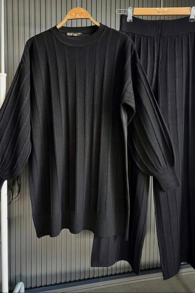 Çizgili Triko Takım Siyah