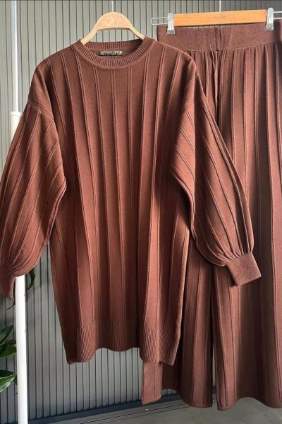 Çizgili Triko Takım Kahverengi