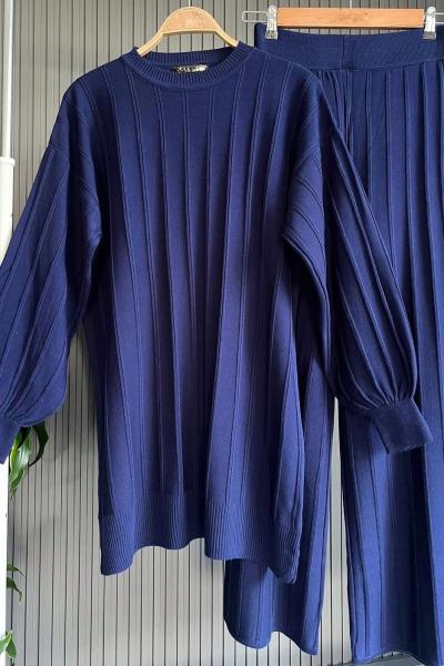 Çizgili Triko Takım Lacivert