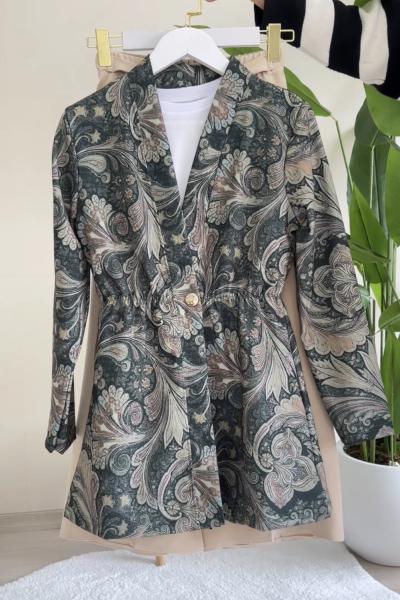 Etnik Desen Ceket Takım Çoklu Renk