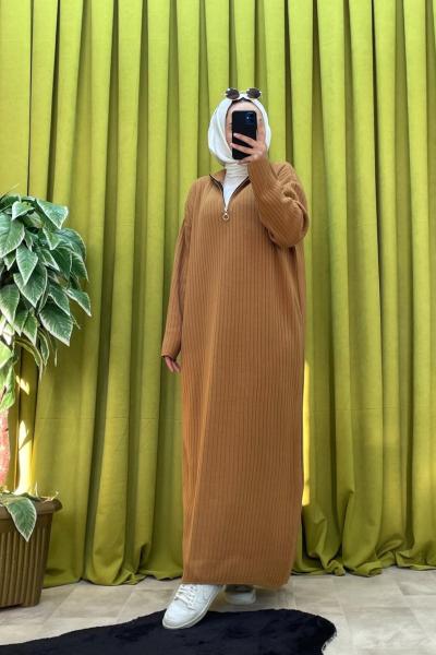Fermuarlı Triko Elbise Camel