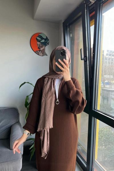 Fermuarlı Triko Elbise Acı Kahve