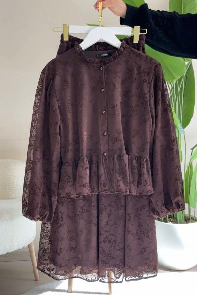 Flower Etekli Takım Kahverengi