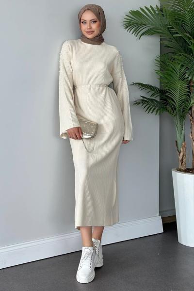 İnci Detaylı Triko Elbise Krem