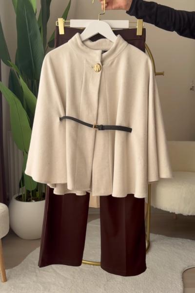 Kemerli Kaşe Panço Palazzo Kombin Çoklu Renk