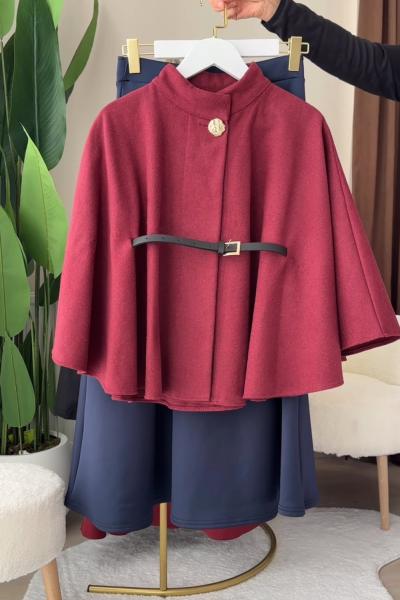 Kemerli Kaşe Panço Puf Etek Kombin Çoklu Renk