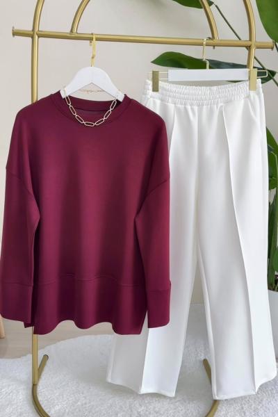Kol Detaylı Sweat Bordo Pantolon  Beyaz