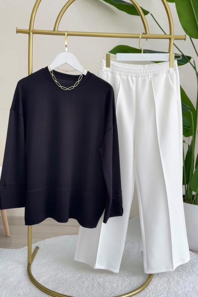 Kol Detaylı Sweat Siyah Pantolon Beyaz  .