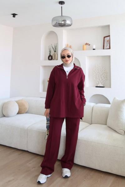 Yarım Fermuar Eşofman Takım Bordo